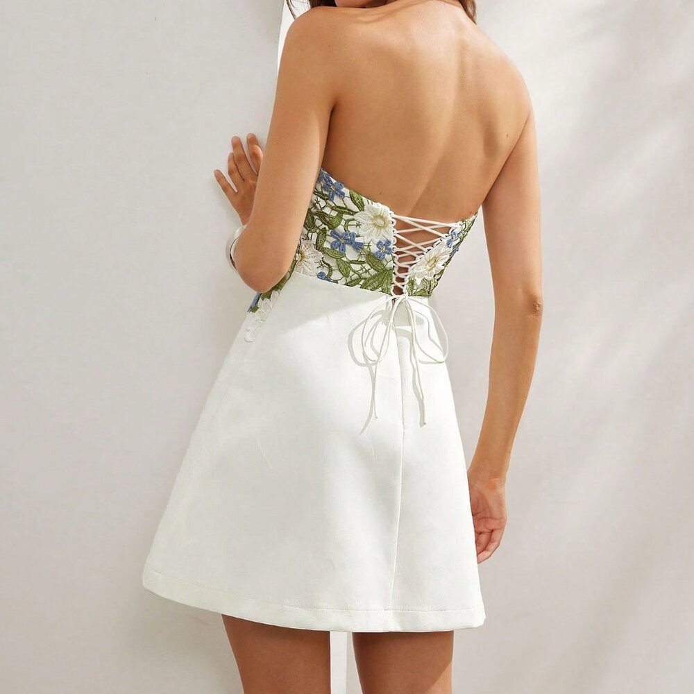 Black And White Elegant Women's Strapless Colorful Lace A-Line Mini Dress - Picture 2 of 5